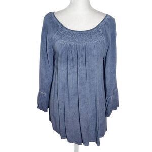 Spense Blue Dyed Peasant Blouse with Smocked Detail and 3/4 Sleeves Size Small